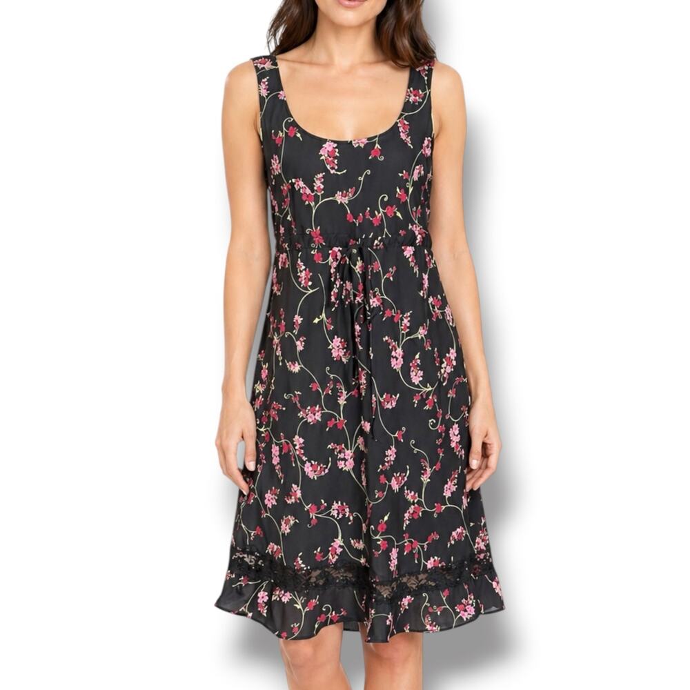 Vintage All That Jazz Black Pink‎ Floral Mini Dress Lace Hem Sleeveless Feminine